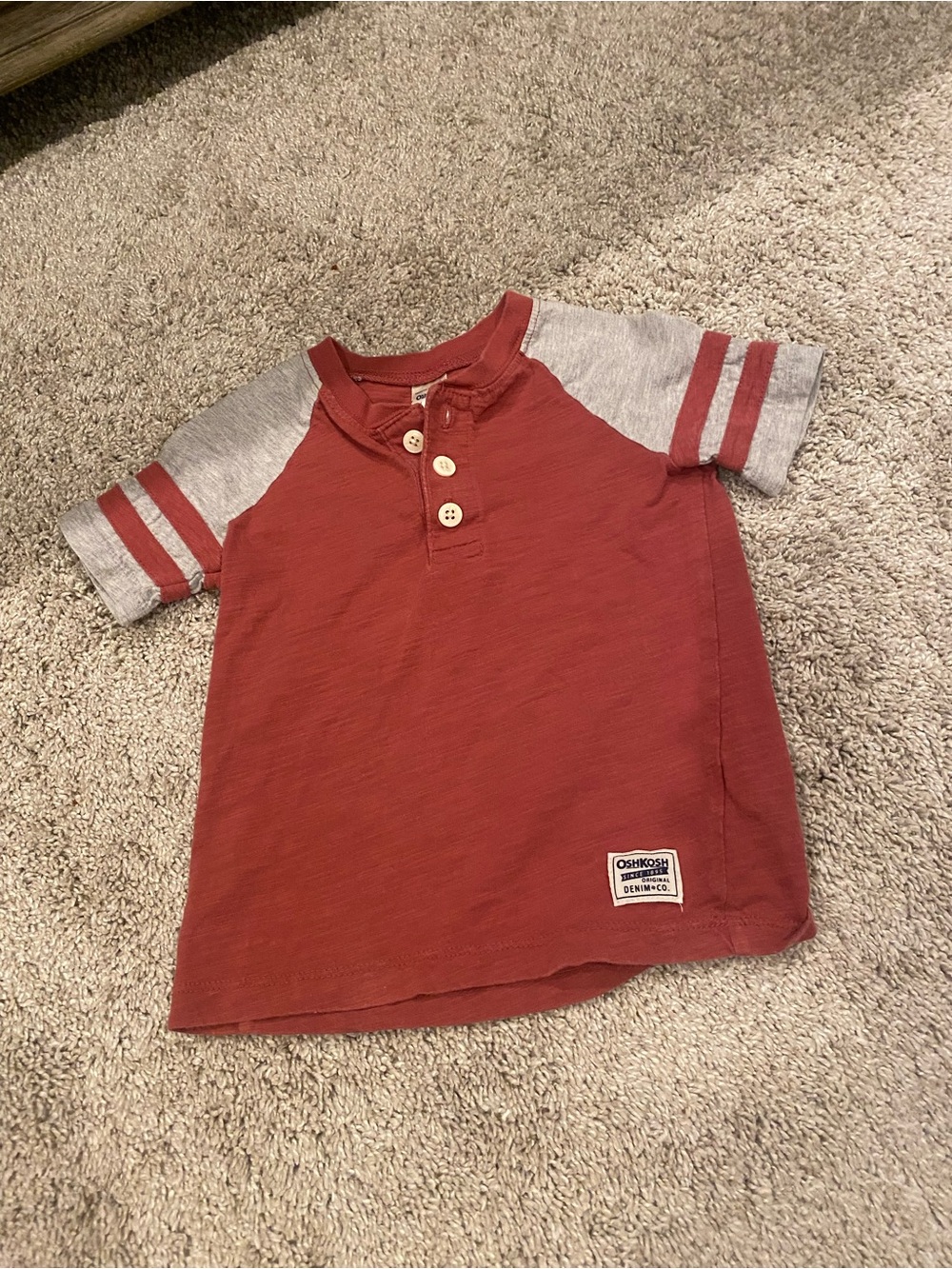 OshKosh B'gosh Red Henley Tee with Gray Sleeve Stripes